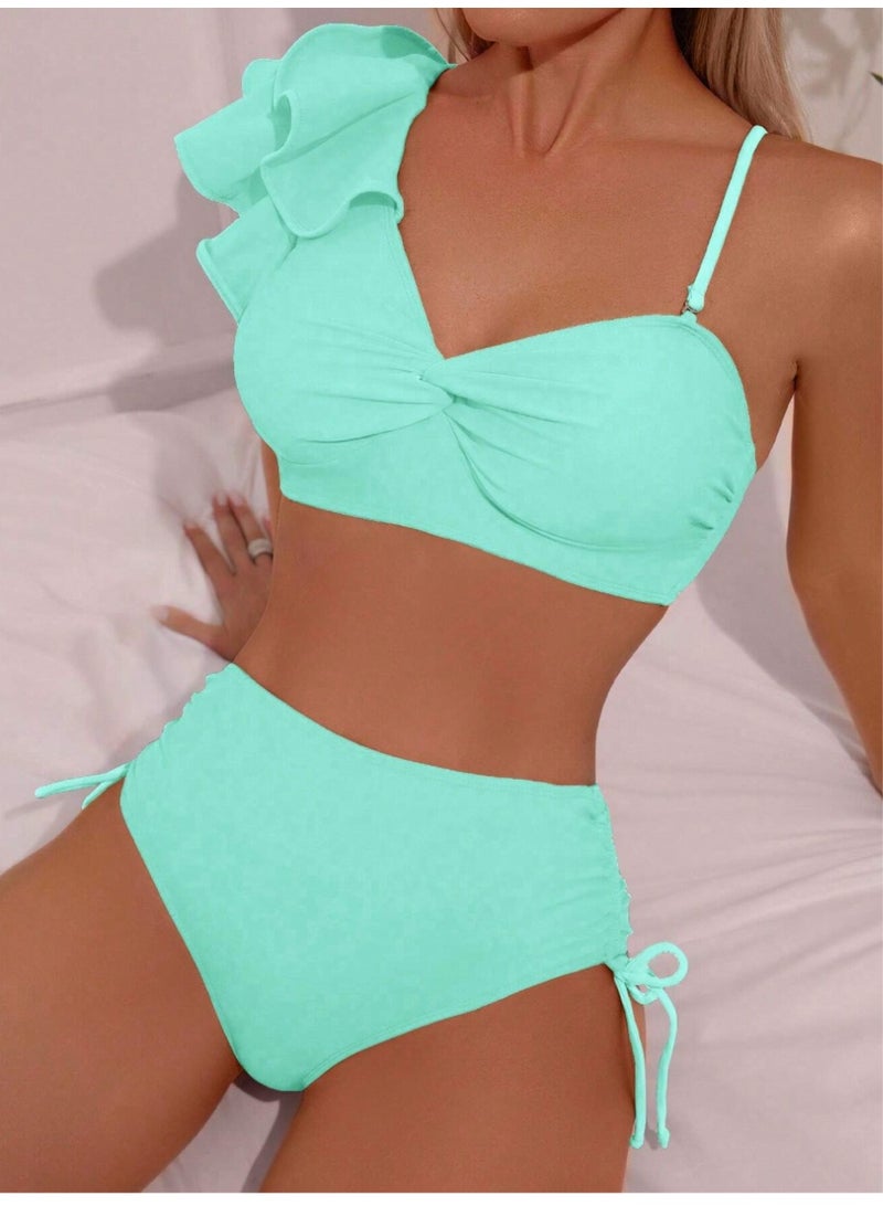 SHEIN Swim Women Solid Color Spliced Bikini Set With Ruffles, Twist And Separated Bikini Set For Vacation,Summer Beach - Image 2
